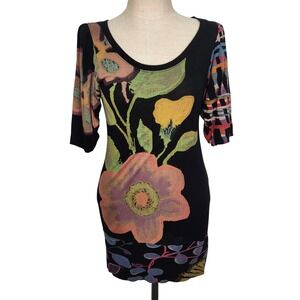 Desigual Women's Size M Black Floral Print 1/2‎ Sleeve Scoop Neck Tunic Dress
